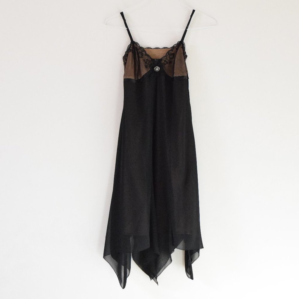 Vintage Y2K Black Witchy Lace Overlay Handkerchief Midi Dress | Size XS
